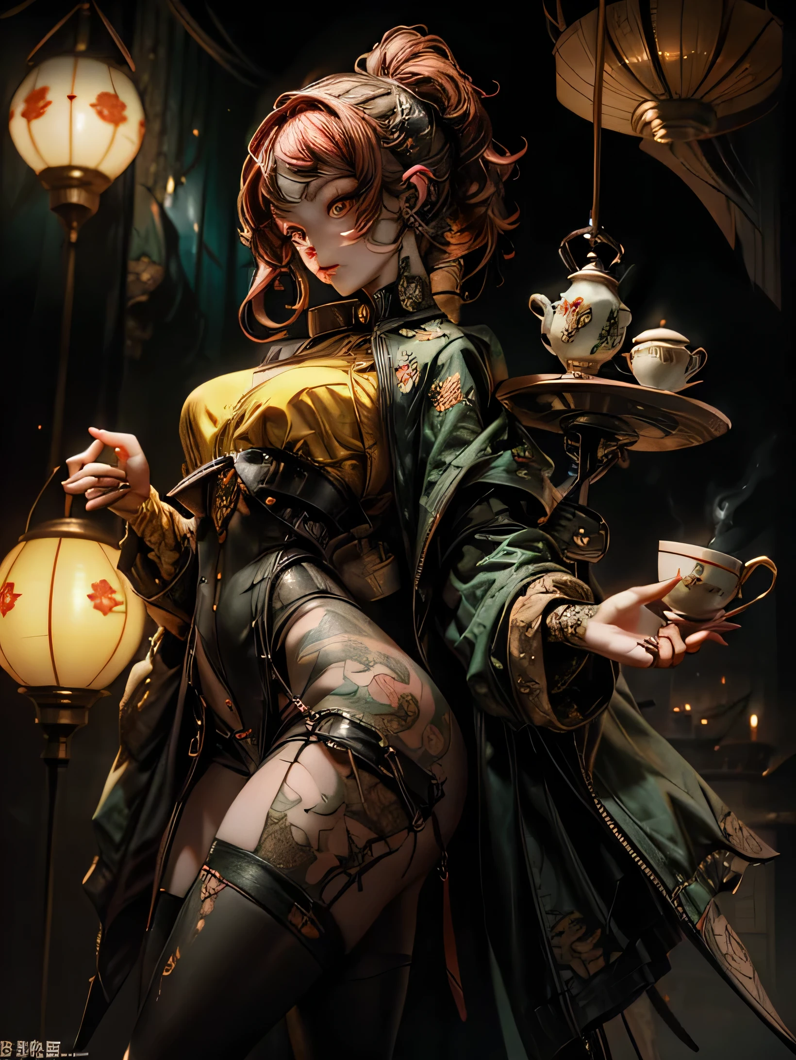 A beautiful young woman with green eyes with the appearance of Alice from Wonderland,  with red hair dressed as a dominatrix and sporting tattoos of ramen soups on her back and legs in a kind of Japanese-style tea ceremony with a teapot and cups with cat eyes and ears in a dark place with little lighting by black candles.
