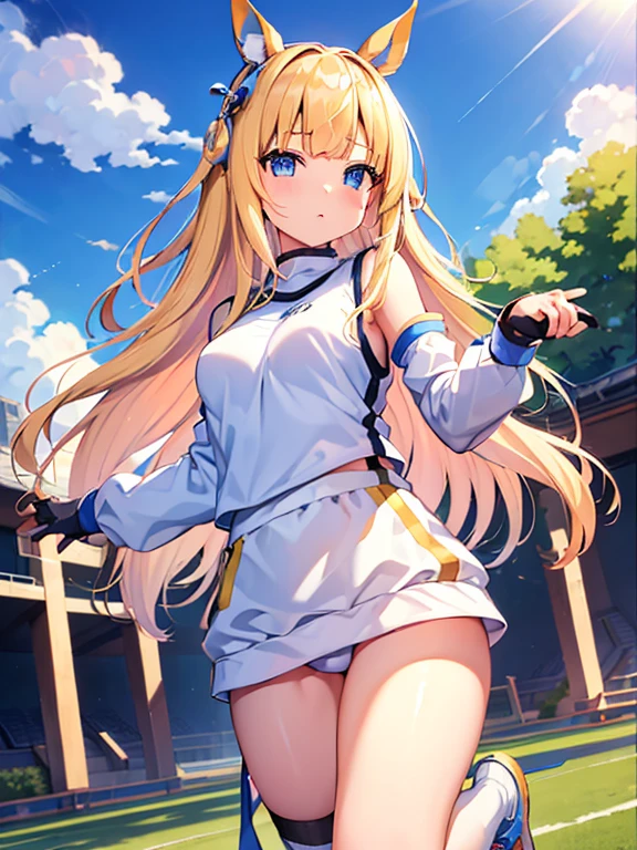 ((masterpiece))、highest quality、(Whole body wide angle)、Neo Universe(Umamusume)、(1 girl、solo)、(horse ears、Uma Musume)、beautiful blue eyes、No expression、(blonde long hair)、spread hair、((small breasts))、(((training wear)))、closed mouth、at the gym、Training Equipment