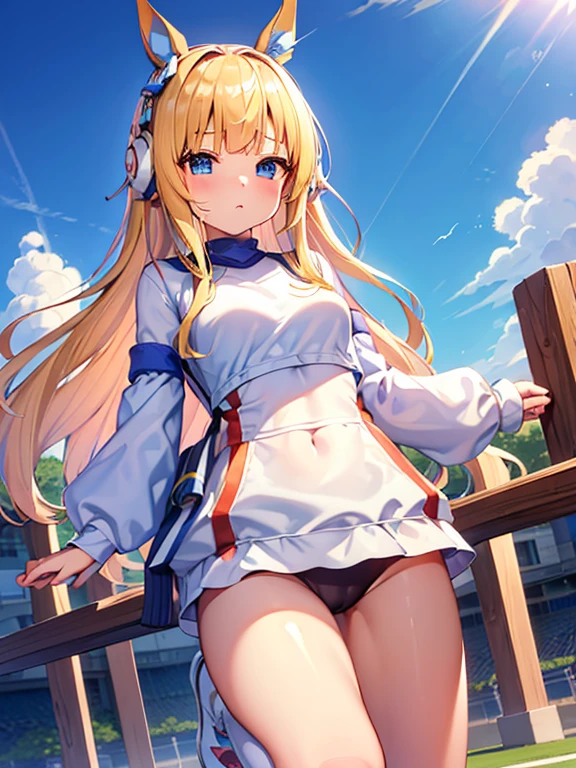 ((masterpiece))、highest quality、(Whole body wide angle)、Neo Universe(Umamusume)、(1 girl、solo)、(horse ears、Uma Musume)、beautiful blue eyes、No expression、(blonde long hair)、spread hair、((small breasts))、(((training wear)))、closed mouth、at the gym、Training Equipment