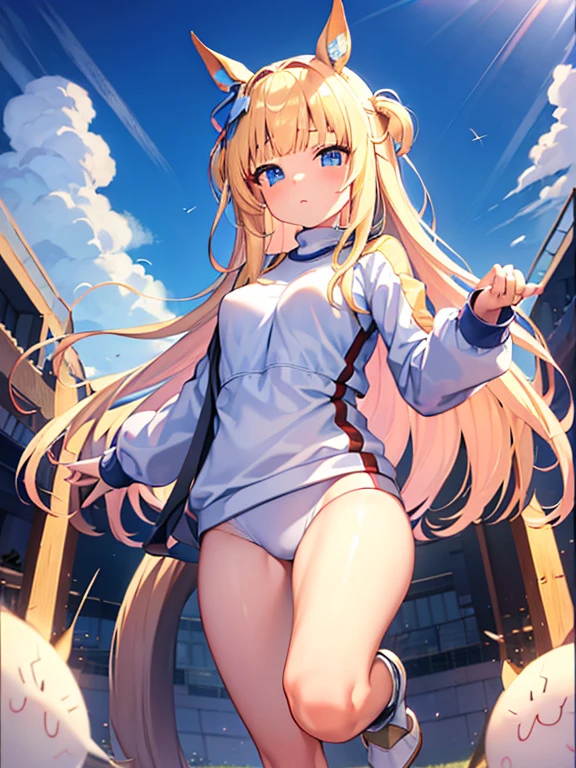 ((masterpiece))、highest quality、(Whole body wide angle)、Neo Universe(Umamusume)、(1 girl、solo)、(horse ears、Uma Musume)、beautiful blue eyes、No expression、(blonde long hair)、spread hair、((small breasts))、(((training wear)))、closed mouth、at the gym、Training Equipment