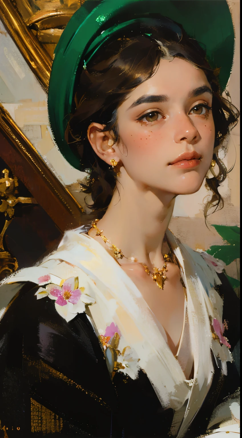 (Masterpiece, Best quality: 1.3), high resolution, official style, \(style\) 1820s, portrait position, beautiful portrait art, oil painting, ((mature woman)) (hair (curly black), brown cat-shaped eyes), white skin with freckles, beautiful pink flower hat, beautiful period dress with embroidery of flowers and details, ((beautiful diamond necklace)), elegant appearance, beautiful landscape background of a tulip garden