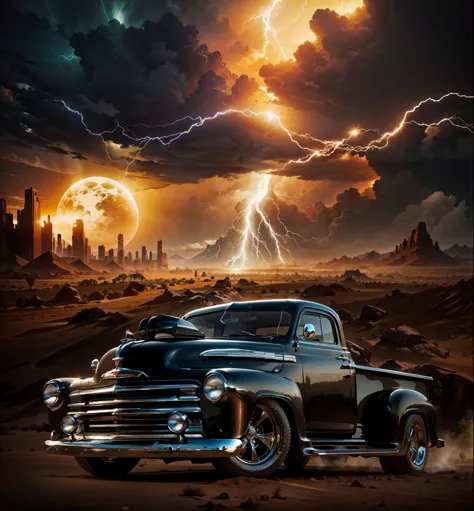 
A beauty exposition type Black refletive Chevy pick up 1949 in a wonderful scenary of an australian desert, old alien cities in...