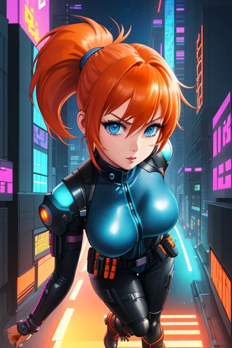 1girl ((32year old, dressed in a tight futuristic sci-fi bodysuit, utility belt, boots, medium breasts, short orange hair, pony ...