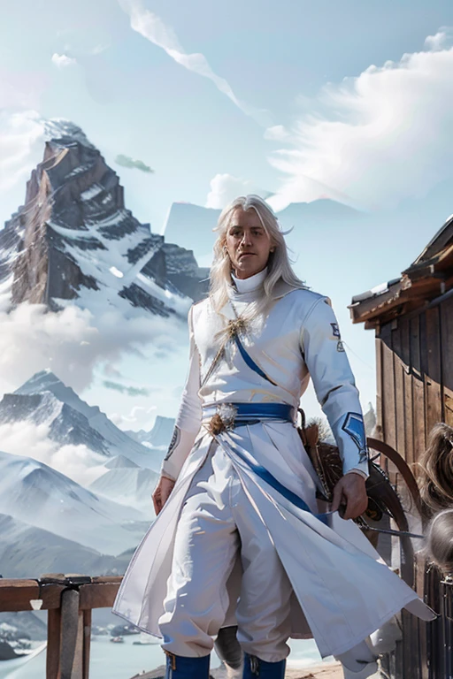 homem de 30 anos, cabelos longos e brancos em branco prateado e azul, uniforme do calvário real, capa de livro com uma montanha gigante jogando ao fundo