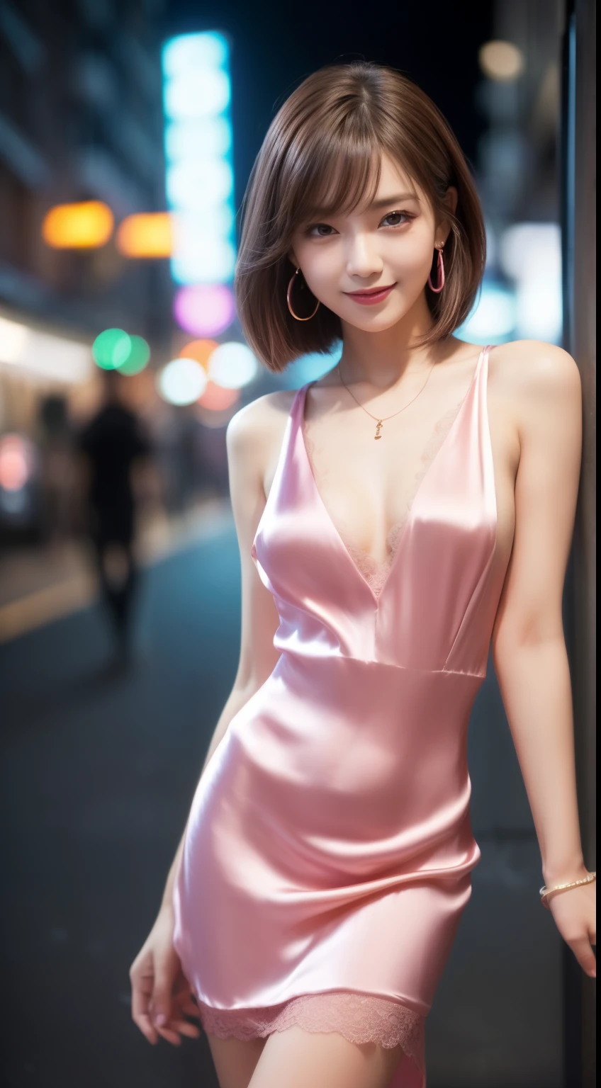 8K, table top, immature, highest quality, realistic, Highly detailed CG Unity 8K wallpaper, Depth of written boundary, cinematic light, Lens flare, ray tracing, (very beautiful face, beautiful lips, beautiful eyes), face with intricate details, ((highly detailed skin)) 1 girl, in the dark, deep shadow, cute korean girl, K-POPアイドル, 1 girl, (very slim and slender fit muscular body:1.3), ((looking at the viewer)),(big smile:1.3), (fashion city night, dark night, (neon sign), (blurred background), fashion street night),(no people in the background:1.3), beautiful earrings, bracelet, necklace, pantyhose, clear eyes, walk, (pale skin), (big eye ace forward, (brown hair body shot), ((silk hot pink color dress:1.3)), ((tight fit dress)), ((lace dress)), (looking at the viewer:1.3) open chest, very slim, big breasts,cleavage, buckshot,  front of eyebrows,(tight dress), mini skirt,short hair