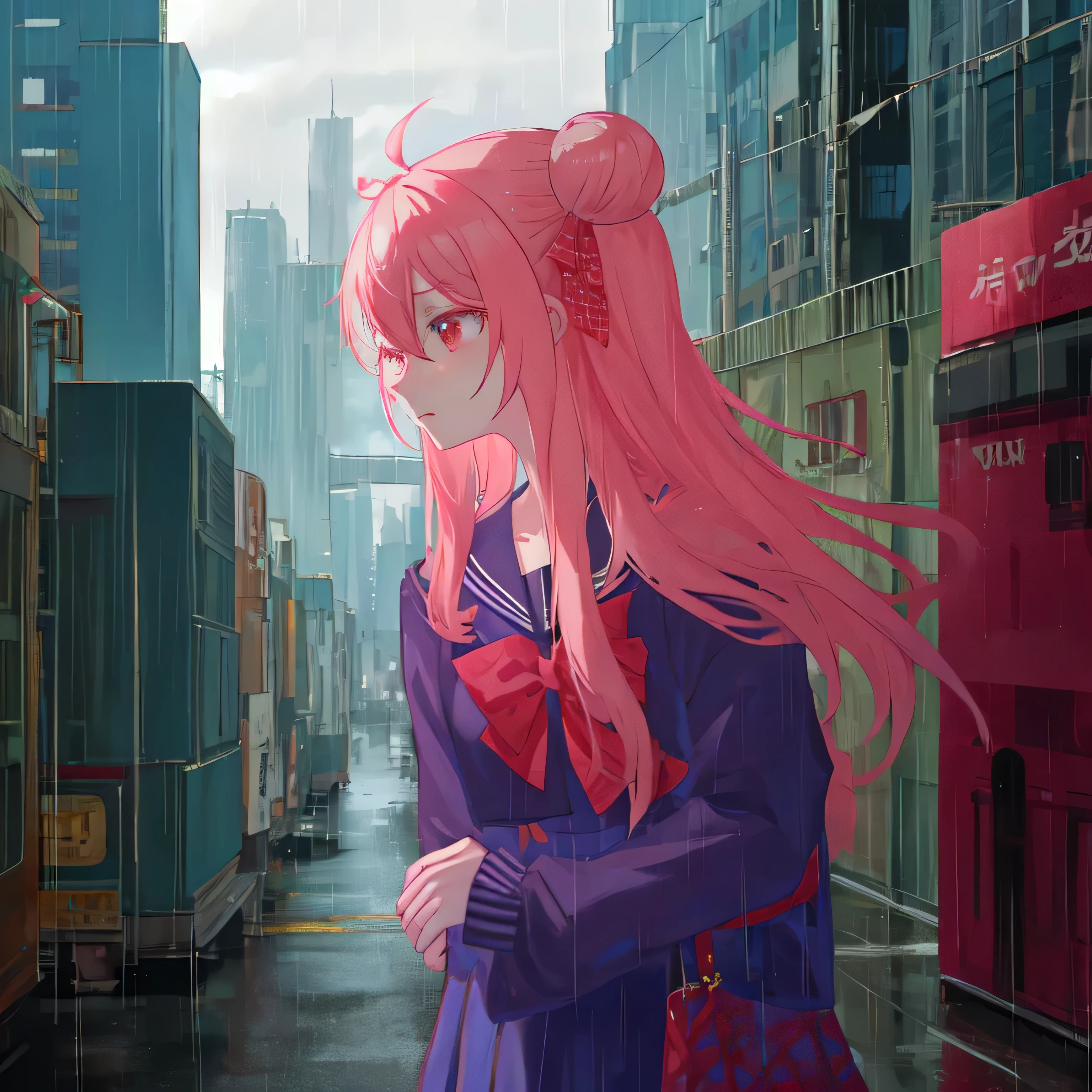 masterpiece, best quality, city background, rainy, 1girl, solo, upper body, bow, serafuku, satou, emotionless, expressionless