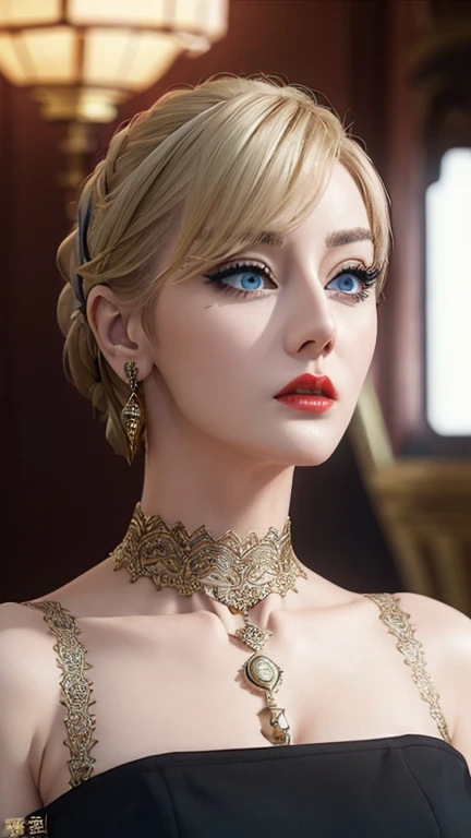 portrait, Réaliste, Femme mûre élégante, yeux bleus, cheveux blond, Résolution 8k cg, beau cg, Lumière douce,bague boucles d&#39;oreilles, collier, (Eye-liner épais), (le fard à paupières),(lèvres rouges),