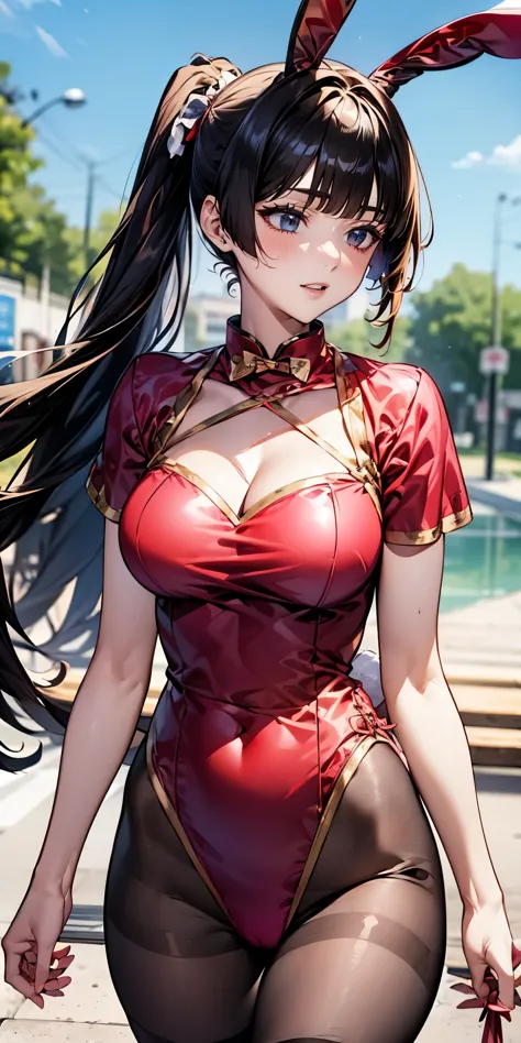 （（highest quality，8K，T Masterpiece：1.3））， sharp focus：1.2，cute woman with perfect figure：1.4，（（（（（huge cleavage））），（ridiculously big breasts：1.5），straight hair、hair blowing in the wind（huge hips），smile，thin abs：1.2，((black hair:1.4, princess cut))，Highly d...