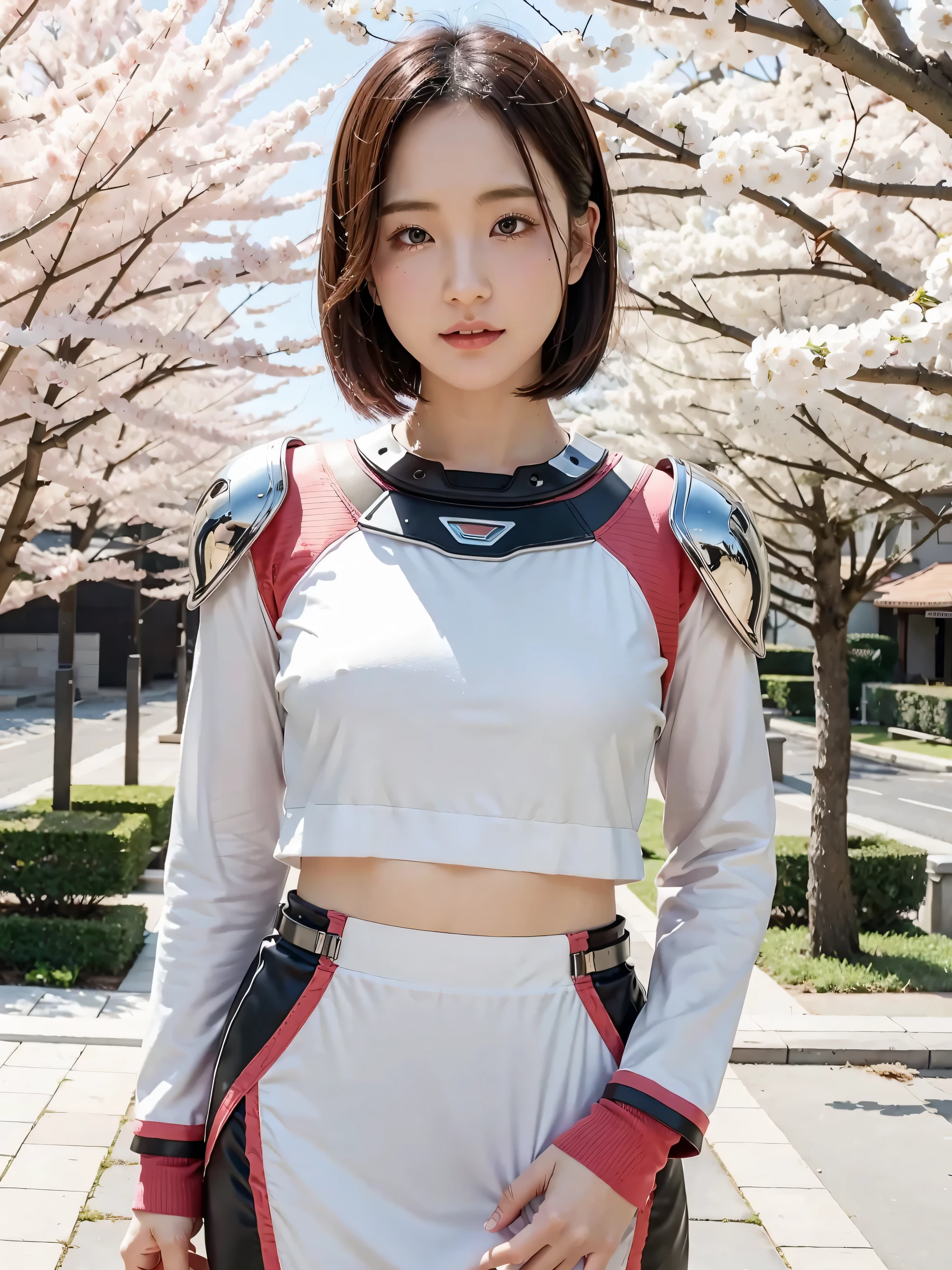 hermosa joven japonesa, usando armadura cyborg, rasgos simétricos gruesos, pelo muy corto, El fondo es flores de cerezo., aura rosada, labios rojos, renderizado de octanaje,