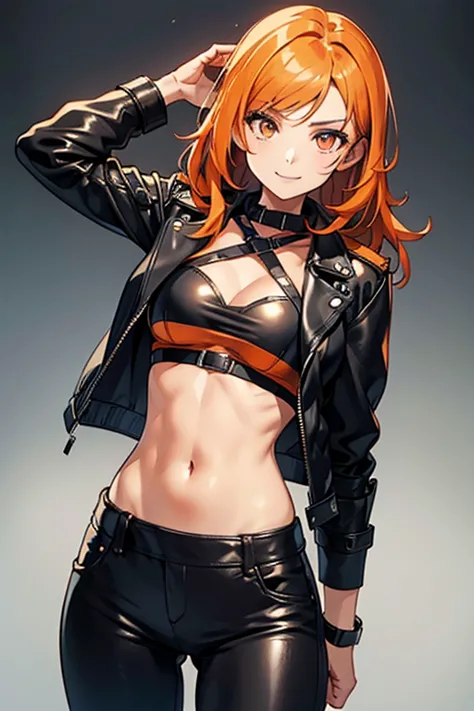 leonie_in_a_black_leather_jacket_and_leather_pants, midriff, medium_hair, skinny, beautiful, orange_hair, confident_pose, orange...