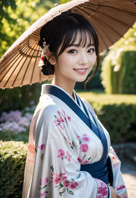 (((garden:1.3, outdoor, Photographed from the front))), ((up hair:1.3,kimono,hat,japanese woman,Smile,cute)), (clean, natural ma...