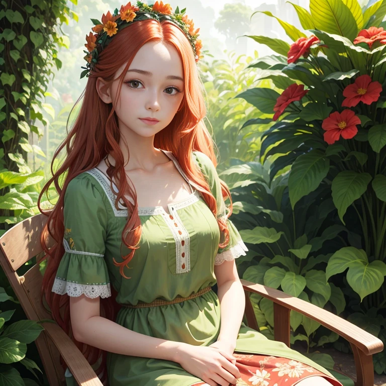 In the image, there is a young woman with long, wavy red hair. She is wearing a green top with a floral embroidery on the chest. The woman has a gentle expression on her face and is looking directly at the camera. She is adorned with a small floral crown or headband, which adds to the natural and serene atmosphere of the photo.

The background is lush with greenery, featuring a variety of plants and flowers, including what appears to be a banana plant and some vibrant red flowers. The lighting suggests it might be a sunny day, and the overall composition of the image gives it a peaceful and organic feel. The woman's attire and the floral elements in the image evoke a sense of harmony with nature.