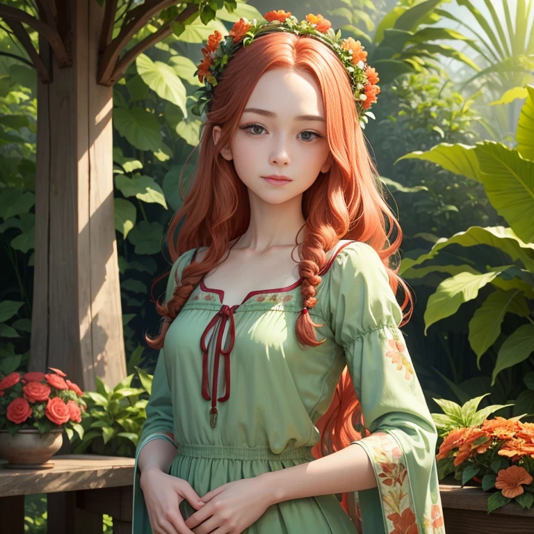 In the image, there is a young woman with long, wavy red hair. She is wearing a green top with a floral embroidery on the chest. The woman has a gentle expression on her face and is looking directly at the camera. She is adorned with a small floral crown or headband, which adds to the natural and serene atmosphere of the photo.

The background is lush with greenery, featuring a variety of plants and flowers, including what appears to be a banana plant and some vibrant red flowers. The lighting suggests it might be a sunny day, and the overall composition of the image gives it a peaceful and organic feel. The woman's attire and the floral elements in the image evoke a sense of harmony with nature.