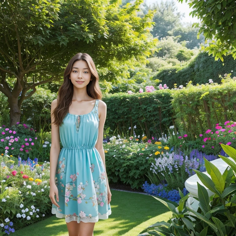 n the image, we see a young woman with striking blue eyes and long, wavy brown hair. She is wearing a sleeveless dress with a vibrant green and blue floral pattern, which complements the natural setting around her. The dress has a V-neckline and appears to be made of a light, possibly silky fabric.

The woman is standing amidst a lush garden, with various flowers blooming around her. To her left, there are pink flowers, and to her right, there are yellow flowers, adding a splash of color to the scene. The garden is dense with greenery, suggesting a well-maintained and thriving environment.

The woman's expression is serene and confident, with a slight smile that adds warmth to her features. Her gaze is directed towards the camera, creating a sense of connection with the viewer. The lighting in the image is soft and natural, enhancing the overall beauty of the scene.

The composition of the image, with the woman centrally placed and the flowers framing her, creates a harmonious balance between the subject and her surroundings. The image captures a moment of tranquility and beauty, blending the elegance of the woman with the natural splendor of the garden.