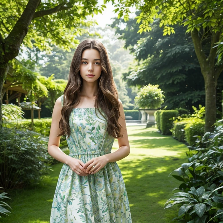 In the image, a young woman with long, wavy brown hair is the central figure. She is standing in a serene garden setting, with lush greenery and trees forming a natural backdrop. The woman is wearing a sleeveless, green dress that features a floral pattern, adding a touch of nature-inspired elegance to her appearance. Her gaze is directed towards the camera, and she has a gentle, contemplative expression on her face. The sunlight filters through the leaves, casting soft shadows on her dress and highlighting the details of her attire and the surrounding foliage. The overall composition of the image suggests a peaceful, idyllic moment captured in time, with the woman's presence adding a sense of life and vitality to the scene.