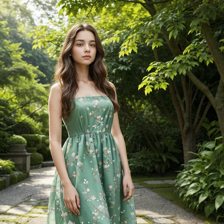 In the image, a young woman with long, wavy brown hair is the central figure. She is standing in a serene garden setting, with lush greenery and trees forming a natural backdrop. The woman is wearing a sleeveless, green dress that features a floral pattern, adding a touch of nature-inspired elegance to her appearance. Her gaze is directed towards the camera, and she has a gentle, contemplative expression on her face. The sunlight filters through the leaves, casting soft shadows on her dress and highlighting the details of her attire and the surrounding foliage. The overall composition of the image suggests a peaceful, idyllic moment captured in time, with the woman's presence adding a sense of life and vitality to the scene.