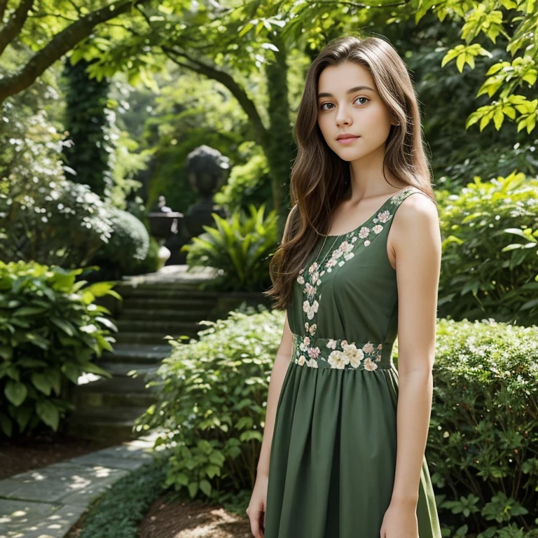 In the image, a young woman with long, wavy brown hair is the central figure. She is standing in a serene garden setting, with lush greenery and trees forming a natural backdrop. The woman is wearing a sleeveless, green dress that features a floral pattern, adding a touch of nature-inspired elegance to her appearance. Her gaze is directed towards the camera, and she has a gentle, contemplative expression on her face. The sunlight filters through the leaves, casting soft shadows on her dress and highlighting the details of her attire and the surrounding foliage. The overall composition of the image suggests a peaceful, idyllic moment captured in time, with the woman's presence adding a sense of life and vitality to the scene.