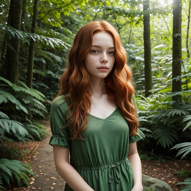 In the image, we see a young woman with long, wavy red hair. She is wearing a green, short-sleeved top that complements the natural surroundings. Her gaze is directed off to the side, and she has a gentle, contemplative expression on her face. The background is lush with greenery, suggesting that the photo was taken in a park or a forested area. The sunlight filters through the leaves, casting a warm glow on her skin and highlighting the texture of her hair. The overall composition of the image conveys a sense of serenity and harmony with nature.