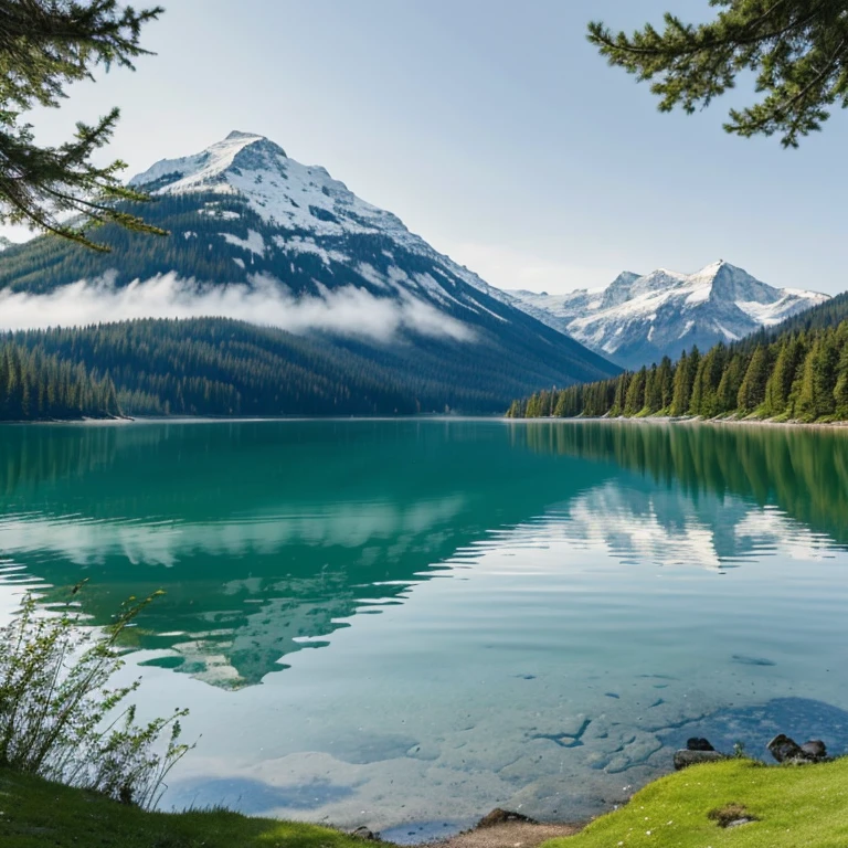 The image captures a serene landscape where the tranquil waters of a lake mirror the surrounding nature. The lake, with its calm surface, perfectly reflects the verdant trees and the majestic mountain in the background. The mountain, adorned with patches of snow, stands tall against the clear sky, adding a touch of rugged beauty to the scene. The trees, lush and green, line the shore of the lake, their leaves rustling softly in the breeze. The overall scene is one of peace and harmony, a snapshot of nature's quiet moments.