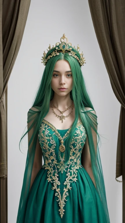 The image presents a close-up of a fantasy character, exuding an air of otherworldly beauty. The character's striking green eyes, framed by long, flowing green hair, are the focal point of the image. The eyes, with their vibrant green hue, seem to hold a world of secrets and stories. The hair, matching the eyes in color, cascades down the character's shoulders, adding to the ethereal quality of the image.

The character is adorned with a green necklace that adds a touch of elegance and mystique. The necklace, with its intricate design, complements the character's overall look. The character's attire is a green dress, which is intricately designed with a pattern that adds depth and texture to the image. The dress, like the necklace, is a shade of green that matches the character's hair and eyes, creating a harmonious color palette.

The character's expression is one of contemplation, adding a layer of depth to the image. The slight tilt of the head and the thoughtful gaze suggest a character who is deep in thought or perhaps lost in a dream. The overall composition of the image, with its focus on the character's face and upper body, draws the viewer in, inviting them to speculate about the character's story and the world she inhabits.