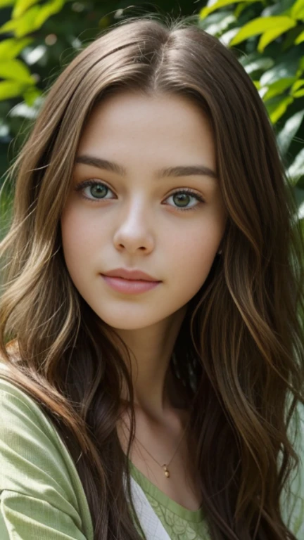 In the image, there is a young woman with striking green eyes and long, wavy brown hair. She is wearing a green top with a leaf-like pattern that blends harmoniously with the surrounding greenery. The background is lush with various shades of green foliage, creating a natural and vibrant backdrop that complements her attire and the color of her eyes. The woman is looking directly at the camera with a gentle and serene expression. The overall composition of the image suggests a connection between the subject and nature, with the use of color and the natural setting creating a visually cohesive and aesthetically pleasing scene.