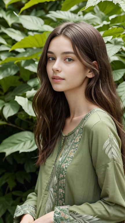 In the image, there is a young woman with striking green eyes and long, wavy brown hair. She is wearing a green top with a leaf-like pattern that blends harmoniously with the surrounding greenery. The background is lush with various shades of green foliage, creating a natural and vibrant backdrop that complements her attire and the color of her eyes. The woman is looking directly at the camera with a gentle and serene expression. The overall composition of the image suggests a connection between the subject and nature, with the use of color and the natural setting creating a visually cohesive and aesthetically pleasing scene.