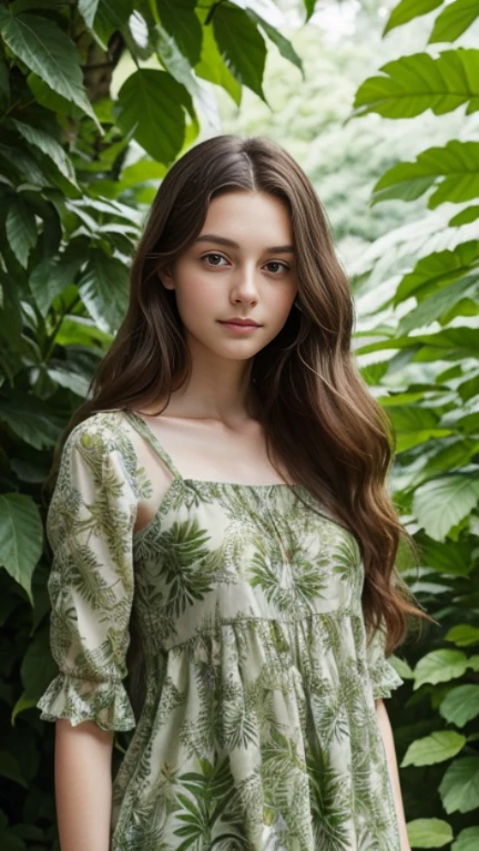 In the image, there is a young woman with striking green eyes and long, wavy brown hair. She is wearing a green top with a leaf-like pattern that blends harmoniously with the surrounding greenery. The background is lush with various shades of green foliage, creating a natural and vibrant backdrop that complements her attire and the color of her eyes. The woman is looking directly at the camera with a gentle and serene expression. The overall composition of the image suggests a connection between the subject and nature, with the use of color and the natural setting creating a visually cohesive and aesthetically pleasing scene.