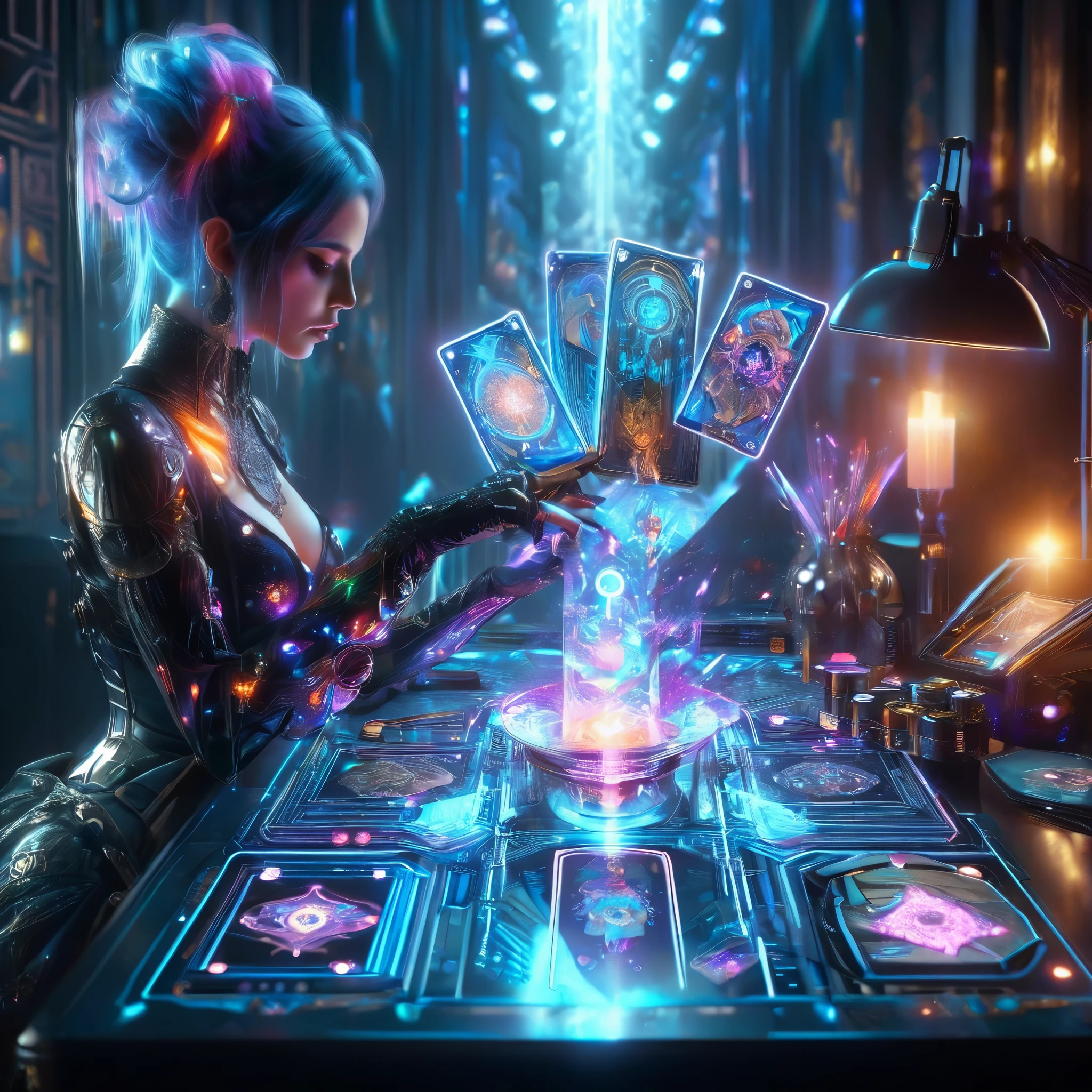 (tarot cards), realistic digital painting, a woman in a futuristic suit playing holographic tarot cards on a electronc table,, dark mystical room in futuristic world, cybertable with modern big holographic tarot cards,, beautiful woman (tattoos, cyberpunk fortune teller outfit, colorful asymmetrically hairstyle, cybernetic arm) ,  cyberpunk art style, cyberpunk dark fantasy, unfolded big tarot cards are visible on the table, dark room, realistic, lots of detail, 8k, film grain, raw photo,