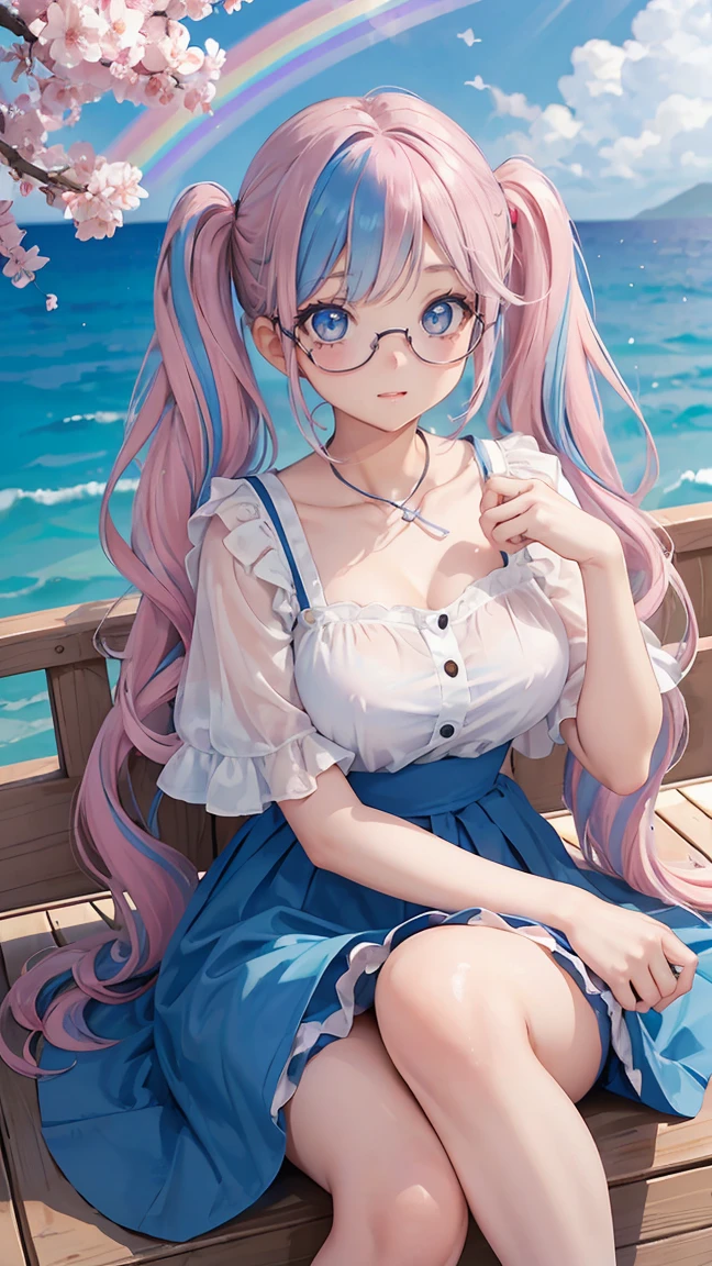 (masterpiece:1.2), (highest quality:1.2),, Curvy but slender body, perfect eyes, perfect face, perfect lighting, 1 girl,(rainbow colored hair, colorful hair, Half blue、half pink hair: 1.2),  cherry blossoms、 Glasses、（Cute floral shirt），（whole bodyが見える），spring、（painted on steel、Transparent sexy clothes、polka dots、lace skirt），curly hair, Clothes with short sleeves, 、In the sea、on the boat、, compensate, eye shadow, small breasts、thick eyelashes, fantasy, looking at the viewer, whole body，alice in wonderland、blue sky、Bright and beautiful face、young shiny glossy white shiny skin、the best beauty、the most beautiful in the world、thin hair、long hair、Shining beautiful bangs、big shining blue eyes、very beautiful and lovely 8 year old, the most beautiful girl in the world、twin tails、Glasses、a disappointed face、Waiting for a kiss、smile