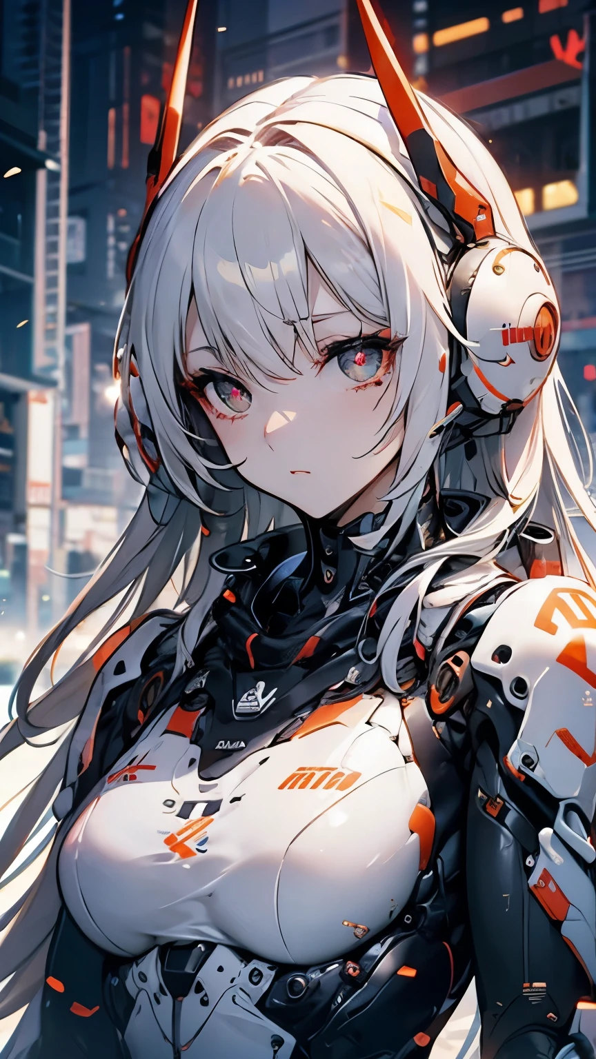 white hair, bangs, long hair, mole under eye, symbol-shaped pupils, cinematic lighting, chiaroscuro, textured skin, masterpiece, high details, super detail, A scene from a science fiction movie. A soldier who works in a city on a different planet from Earth. Wearing a functional bodysuit. The shoulders and arms are equipped with mechanical parts. young woman.