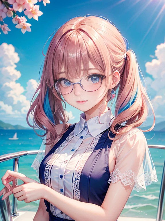 (masterpiece:1.2), (highest quality:1.2),, Curvy but slender body, perfect eyes, perfect face, perfect lighting, 1 girl,(rainbow colored hair, colorful hair, Half blue、half pink hair: 1.2),  cherry blossoms、 Glasses、（Cute floral shirt），（whole bodyが見える），（painted on steel、Transparent sexy clothes、polka dots、lace skirt），curly hair, Clothes with short sleeves, 、In the sea、on the boat、, compensate, eye shadow, small breasts、thick eyelashes, fantasy, looking at the viewer, whole body，alice in wonderland、blue sky、Bright and beautiful face、young shiny glossy white shiny skin、the best beauty、the most beautiful in the world、thin hair、long hair、Shining beautiful bangs、big shining blue eyes、very beautiful and nice, the most beautiful girl in the world、twin tails、Glasses、a disappointed face、Waiting for a kiss、smile