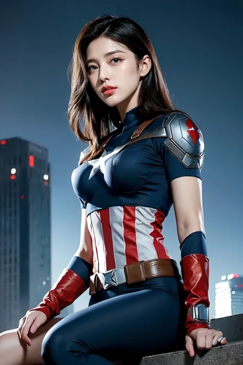 (best quality,ultra-detailed,realistic:1.37), digital illustration, ( woman wearing a Captain America costume), detailed eyes an...