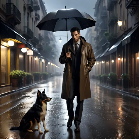 style by Adam Martinakis and Joseph Leo Mankiewicz, a man with a short brown beard in a raincoat walks under a black umbrella,  ...