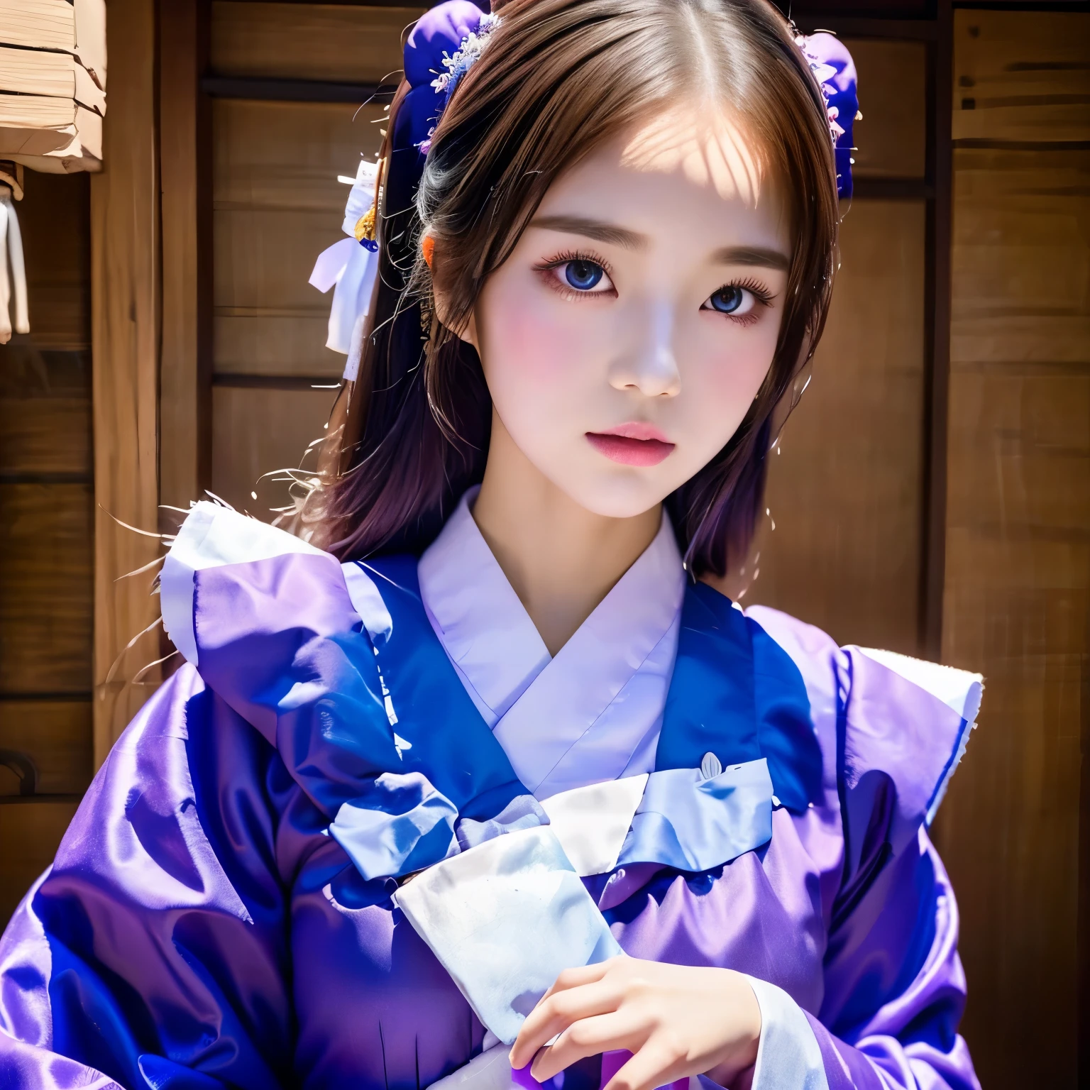 a close up of a woman in a blue and purple outfit, korean girl, beautiful south korean woman, korean woman, anime girl in real life, traditional beauty, japanese clothes, palace ， a girl in hanfu, beautiful young korean woman, traditional chinese clothing, anime girl cosplay, sakimichan, wearing ancient chinese clothes, japanese goddess, hanbok