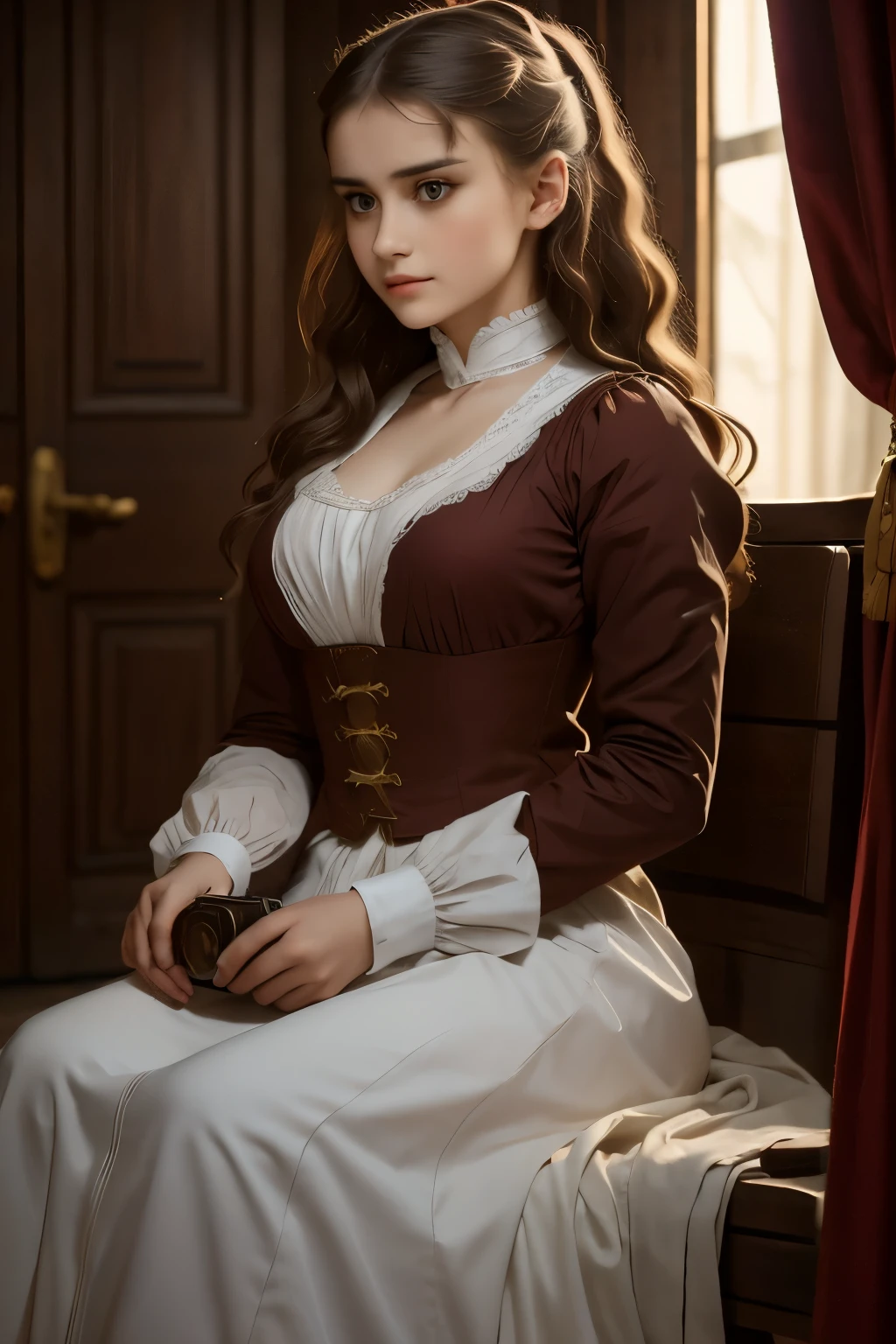 raw photo. Anna Karenina 22 years old, dressed in period clothing, Russia, 19th century AD, perspective, half body detail, sharp focus, slight blending, detail, feeling like it's medieval, (high skin detail: 1,2), 8k uhd, dslr, soft light, high quality, Fujifilm XT3 grainy films.