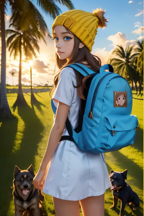 anime girl with a (((yellow backpack))) and (((four dogs in a field of coconut trees))), ((((blue eyes girl)))), (((the girl is ...