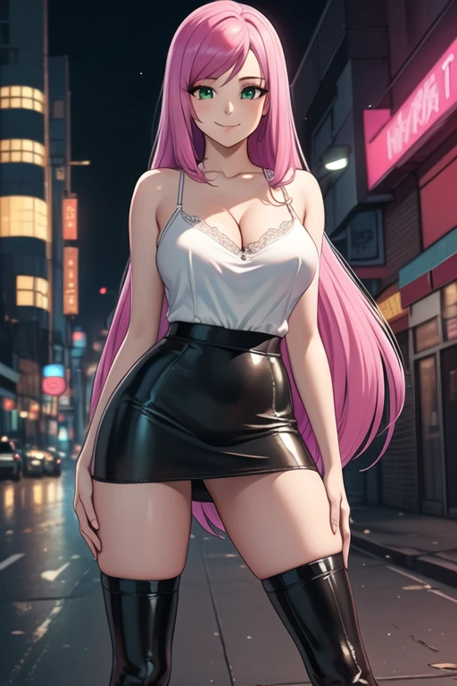 1 girl, 19 years old, Long pink hair, green eyes with slit pupils, master-piece, best quality, (standing up), (white lace camisole top, black leather pencil skirt, patent leather high heel boots, cleavage),  (Big , ultra gigantic , Super super big, Glamorous body), Make eye contact with the camera, front figure, looking forward, (light_Smile:1.5), (Detailed hands and fingers:1.2) (Cyberpunk City)、(Cyberpunk city at night), (FULL BODYSHOT), thighs thighs thighs thighs、beauty legs、Bare legs