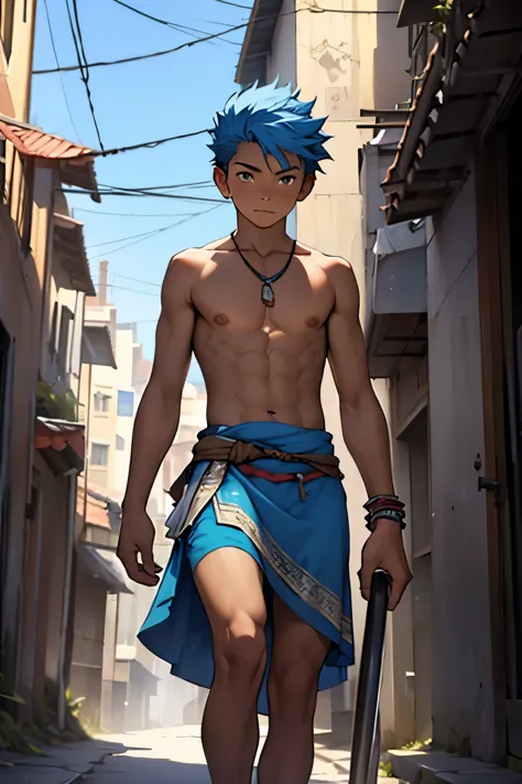 thin young man without a shirt with blue hair on his back he walks lost looking at a city he is 14 years old he walks lost throu...