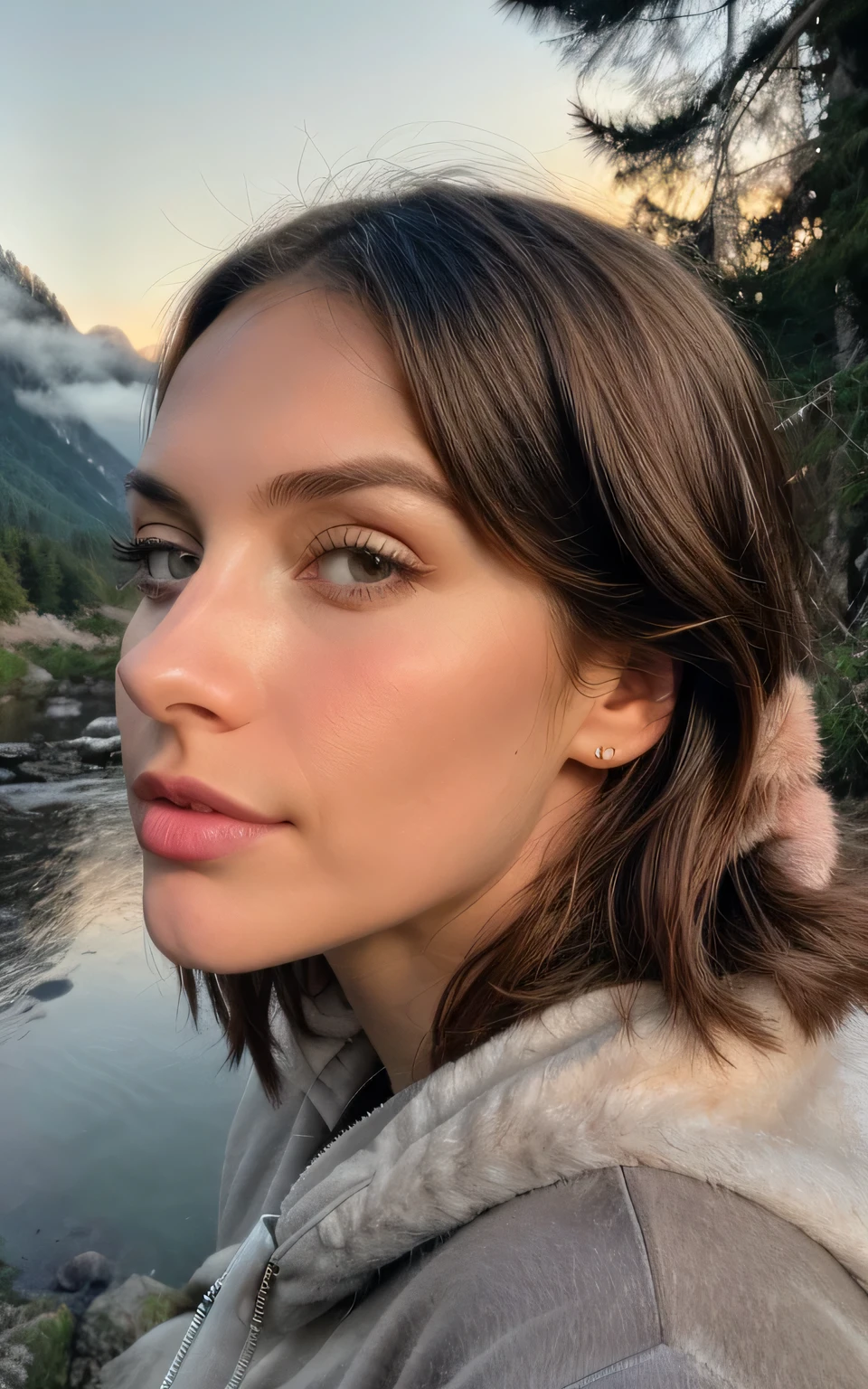 (portrait), (close up), photorealistic, best quality, hyper detailed, beautiful woman, hhayleyy,, selfie photo,upper body, solo, wearing pullover, outdoors, (night), mountains, real life nature, stars, moon, (cheerful, happy), sleeping bag, gloves, sweater, forest, rocks, river, wood, smoke, fog, clear sky, analog style, looking at viewer, skin texture, film grain, ultra high res, best shadow, RAW, instagram LUT, (looking at viewer), ((extremely detailed eyes and face)), ((beautiful detailed nose)), ((beautiful detailed eyes)), perfect body proportion,