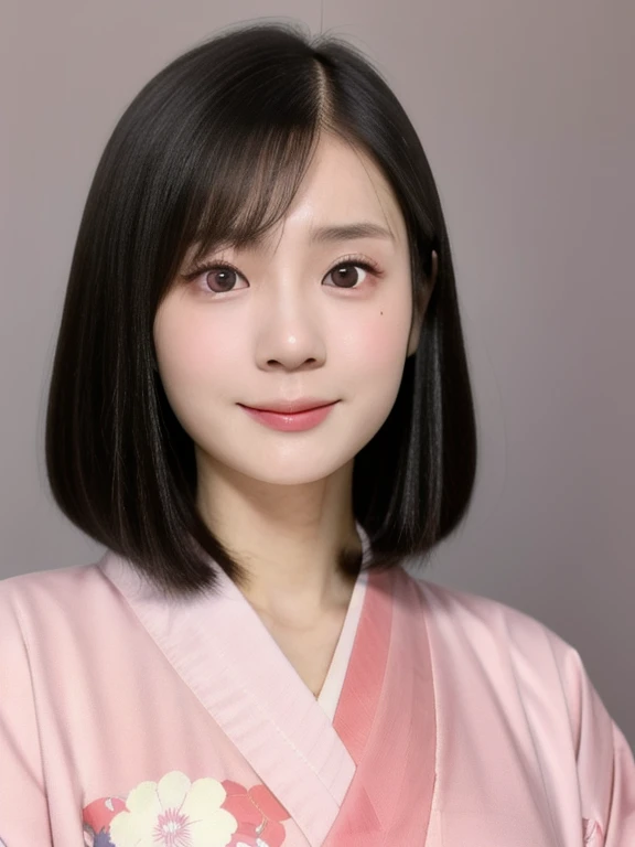 (Kawaii 24 Jahre altes japanisches Mädchen, Nogizaka-Idol, koreanisches Idol), (Glänzendes schwarzes Haar, mittlerer Bob-Schnitt:1.3), (extra abgerundetes Gesicht, Stirn, Einzelnes Augenlid, Kein Make up, sanftes Lächeln:1.2), (trägt hellrosa Konzept Kimono, japanisches traditionelles Tuch, Blumenmuster bedruckt:1.3), gut geformte, extra kleine Brüste, (Betrachter betrachten:1.2), BRECHEN, (einfacher Hintergrund:1.2), (Porträt, Ausweisfoto, Blick von geradeaus:1.3), BRECHEN, (Meisterwerk, beste Qualität, fotorealistisch, offizielle Kunst:1.4), (UHD, Hintergrundbild in 8K-Qualität, hohe Auflösung, RAW-Foto, Filmkorn:1.2), (Glänzende Haut), professionelle Beleuchtung, Physikalisch basiertes Rendering, preisgekrönt, (perfekte Anatomie, hochdetaillierte Haut, extrem detailliertes Gesicht und Augen, gut gezeichnete klare Pupillen), Carl Zeiss 85 mm F/1.4, Tiefenschärfe, 1 Mädchen, Allein,