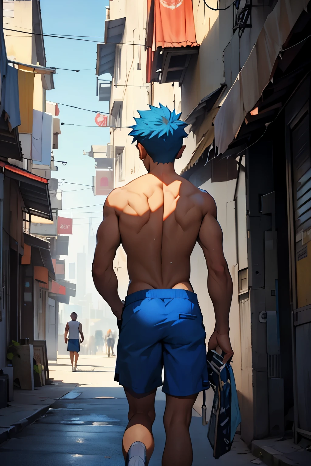 Молодой стройный мужчина без рубашки с голубыми волосами на спине бродит потерянно, глядя на город, ему 14 лет, гуляет по городу, потерявшись