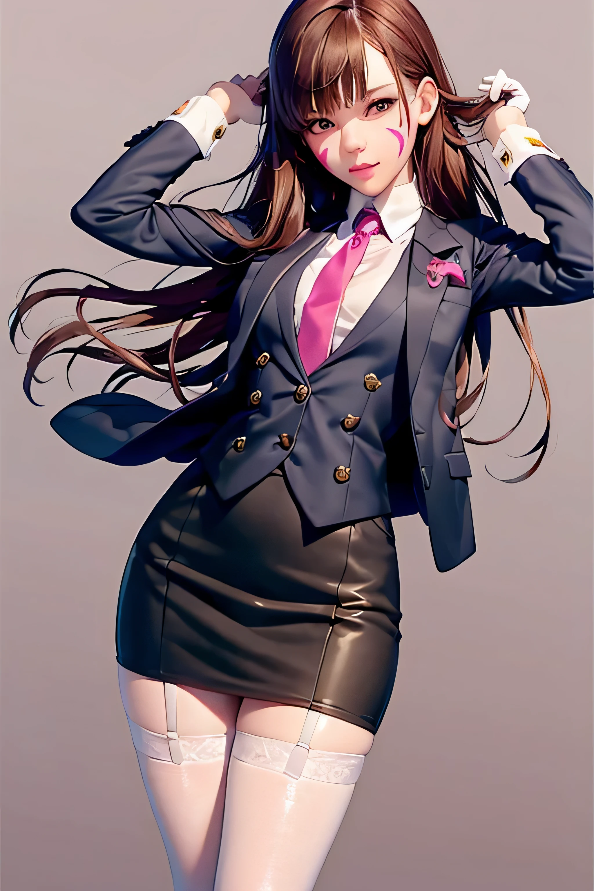 masterpiece, best quality,1girl, d.va (overwatch), solo, long hair, whisker markings,  ((skirt suit)), suit and tie, (((three-piece suit))), silk dress shirt, shirt and tie, (((necktie))), ((blazer)), ((suit jacket)) ((waistcoat)), ((bodycon miniskirt)), (((pencil skirt))), pantyhose, tights, stockings, tie clip, pocket square, tailored suit, (((cufflinks))), brown hair, facial mark, gloves, breasts, brown eyes, cowboy shot, white gloves, medium breasts, swept bangs, skin tight, bangs, facepaint, pink lips,(grey background:1.2),simple background, (kbxll:0.6)