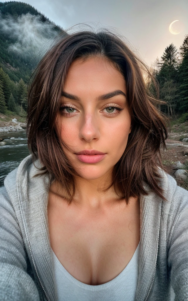 (portrait), Fermer,  Photoréaliste, Meilleure qualité, hyper détaillé, Belle femme, hhayleyy,, photo de selfie,Haut du corps, seulement,  En plein air, (nuit), Montagnes, la vraie nature, étoiles, lune, (joyeux, heureux), sac de couchage, gants, Pull-over, forêt, rochers, rivière, bois, Fumée, brouillard, ciel clair, style analogique, regarder le spectateur, Texture de la peau, grain de film, ultra haute résolution, meilleure ombre, BRUT, LUT Instagram, (regarder le spectateur), ((yeux et visage extrêmement détaillés)), ((beau nez détaillé)), ((Beaux yeux détaillés)), proportion parfaite du corps,