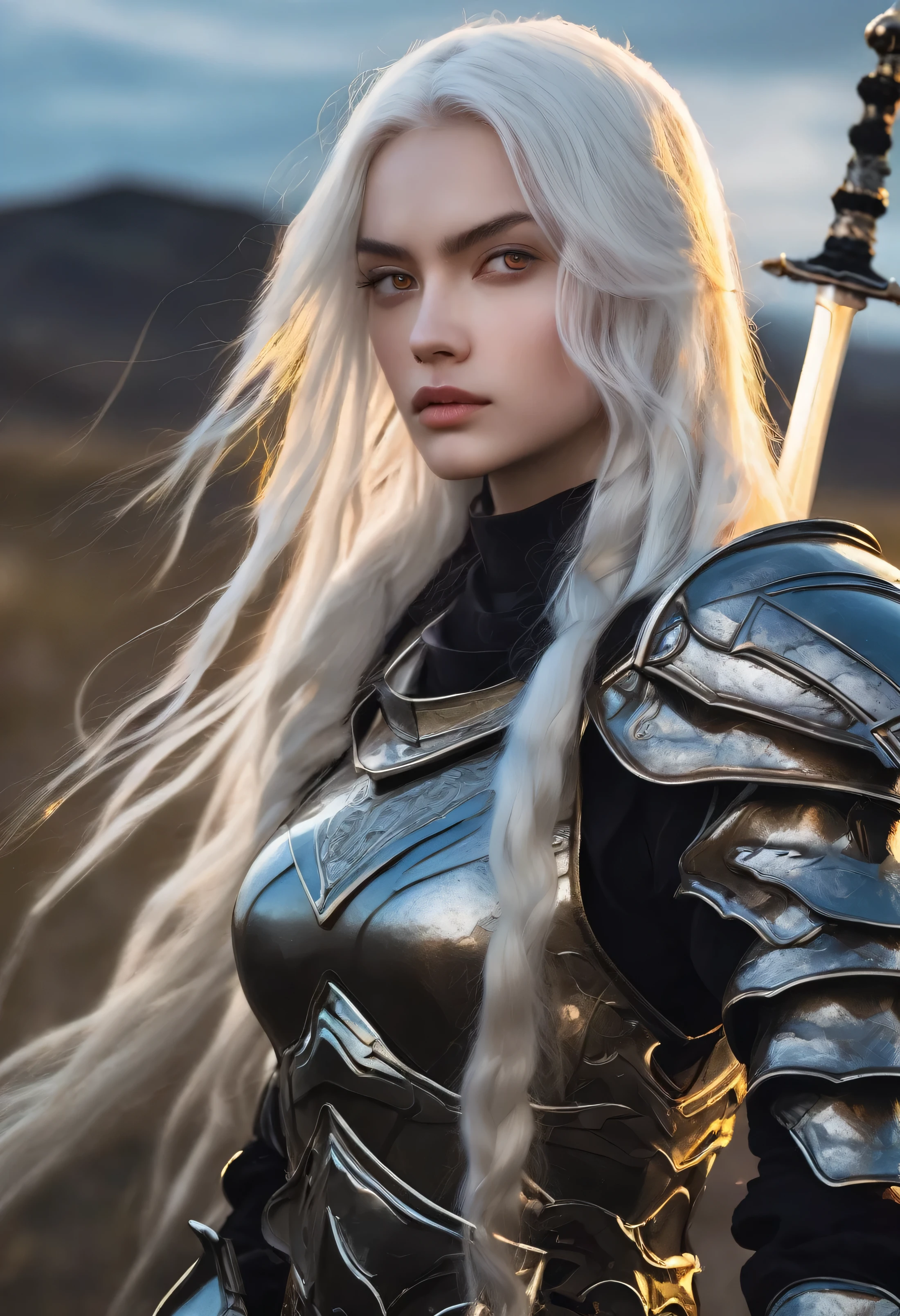 1 girl with long white hair yellow eyes wearing light black armor and two short swords in front of a beautiful plain at dusk 