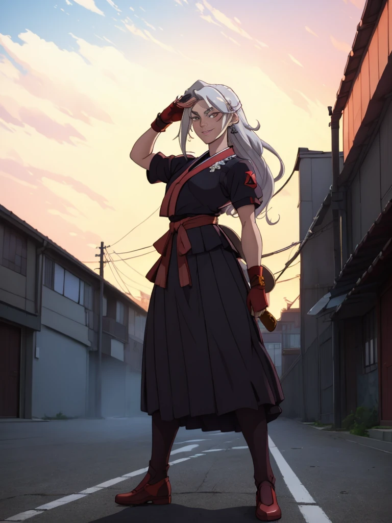 cartoon, sukeban illyasviel_von_einzbern, mature_female, silver hair, holding yoyo, combat pose, full body, flowing hair, hair between the eyes, asymmetrical hair, red eyes, delicate facial features, sukeban deka clothe, looking_at_viewer, outdoors, background tokyo, ((solo girl:1,5))+++++,woman in a 80's sukeban seifuku standing on a set of strees, black , 80's japanese sukeban photo, sukeban seifuku,  80's japan, sukeban, long black skirt, red converse, full body, light skin tone female, full body, tape, arm_support, gloves, red_gloves, bridal gauntlets, blackred_footwear, fighter outfit, full body, hourglass, mature face, cheeky smile, cheeky face, wrinkles,( silver long hair, earrings, ear piercings), (fighting art, Martial arts, standing, fighting_stance, fight, fighting), extra colors, 2D, megapixel, perfectionism, accent lighting, full HD , 4K, masterpiece, empty red eyes,  extra colors, 2D, megapixel, perfectionism, accent lighting, full HD , (Masterpiece:1.2), (full-body-shot:1),(cowboy shot:1.2), (Highly detailed:1.2),(anime Detailed Face:1.2), Colorful, A detailed eye, (Detailed landscape:1.2), (natural lighting:1.2), ((sukeban school teacher)) by Vincent Di Fate: Aidyllery, Anamorphic Shot, rule of thirds, face by Artgerm and WLOP, ((street of rage 4 city backround)), fictive city backround in the style art of street of rage 4,