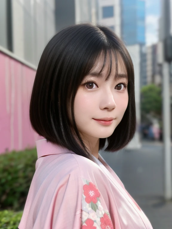 (kawaii 24 year-old Japanese girl, Nogizaka idol, Korean idol), (glossy black hair, medium bob cut:1.3), (extra rounded face, forehead, single eyelid, no makeup, soft smiling:1.2), (wearing light pink Kimono, Japanese traditional cloth, floral patterned:1.3), well shaped extra small breasts, (looking at viewer:1.2), BREAK, (simple outdoor background:1.2), (portrait, id photo, view from straight forward:1.3), BREAK, (masterpiece, best quality, photo realistic, official art:1.4), (UHD, 8K quality wallpaper, high resolution, raw photo, film grain:1.2), (shiny skin), professional lighting, physically based rendering, award winning, (perfect anatomy, highly detailed skin, extremely detailed face and eyes, well drawn clear pupils), Carl Zeiss 85 mm F/1.4, depth of field, 1girl, solo,