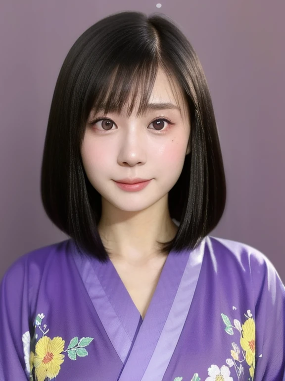 (menina japonesa kawaii de 24 anos, Ídolo Nogizaka, ídolo coreano), (cabelo preto brilhante, corte bob médio:1.3), (rosto extra arredondado, testa, pálpebra única, Sem maquiagem, sorriso suave:1.2), (vestindo quimono roxo claro, Pano tradicional japonês, estampado floral:1.3), seios extra pequenos bem modelados, (olhando para o espectador:1.2), QUEBRAR, (fundo exterior simples:1.2), (retrato, Foto de identificação, vista de frente:1.3), QUEBRAR, (Obra de arte, melhor qualidade, foto realista, arte oficial:1.4), (Ultra HD, Papel de parede de qualidade 8K, alta resolução, Foto CRU, Grão de filme:1.2), (pele brilhante), Iluminação Profissional, Renderização com base física, premiado, (anatomia perfeita, pele altamente detalhada, rosto e olhos extremamente detalhados, pupilas brilhantes bem desenhadas), Carl Zeiss 85 mm F/1.4, profundidade de campo, 1 garota, Sozinho,