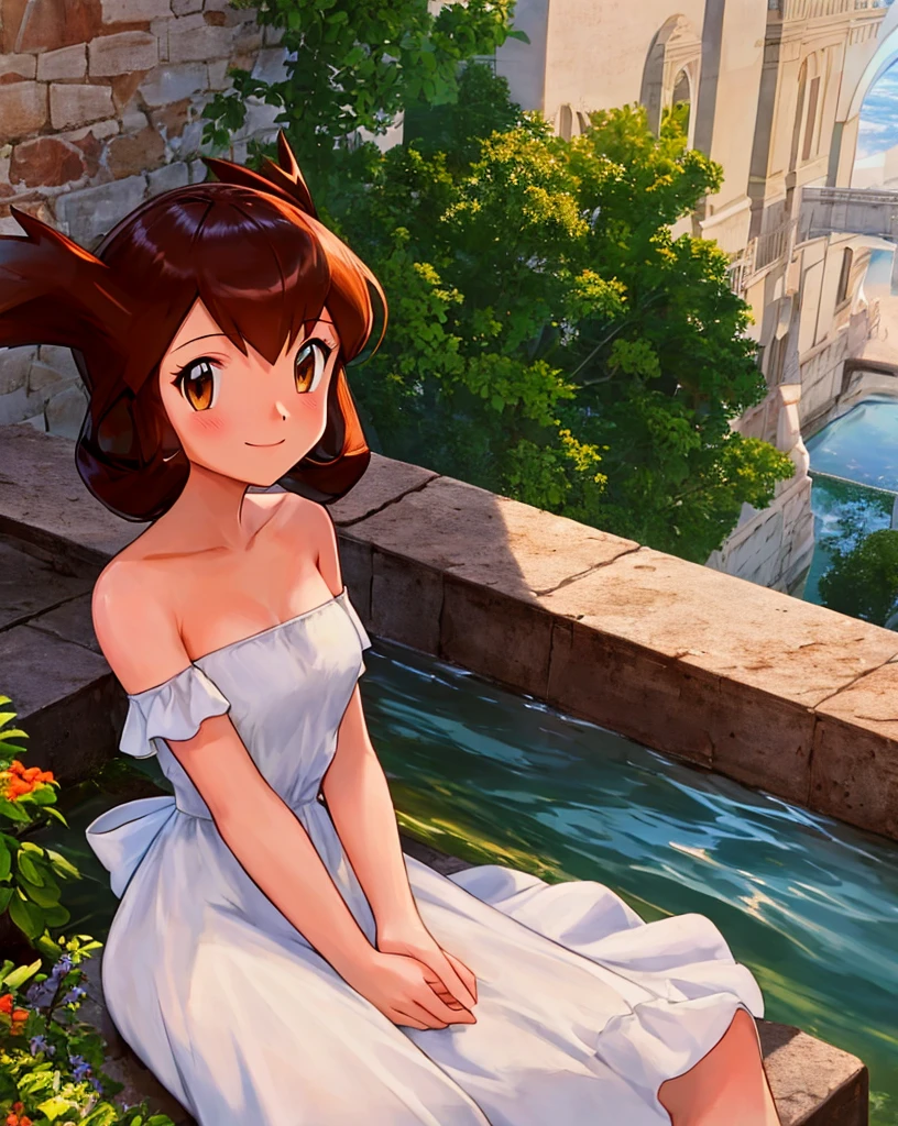 masterpiece, best quality, highres, outdoors, small breasts, 1 girl, Solo, Pokemon Heroes (Bianca), Brown Eyes, Beautiful Detail Eyes, Brown Hair, Good hands are down, Smile, Blushing, Bare Neck, Bare Shoulders, strapless, White Ruffle Off-the-Shoulder Top, White maxi dress. light smile, intricate details, sharp focus, high resolution, sunlight, sitting on the ledge, outside the Werribee Park Mansion, cowboy shot, cinema lighting