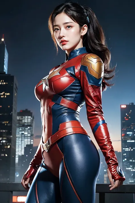 (best quality,ultra-detailed,realistic:1.37), digital illustration, ( woman wearing a Hero marvel costume), detailed eyes and fa...