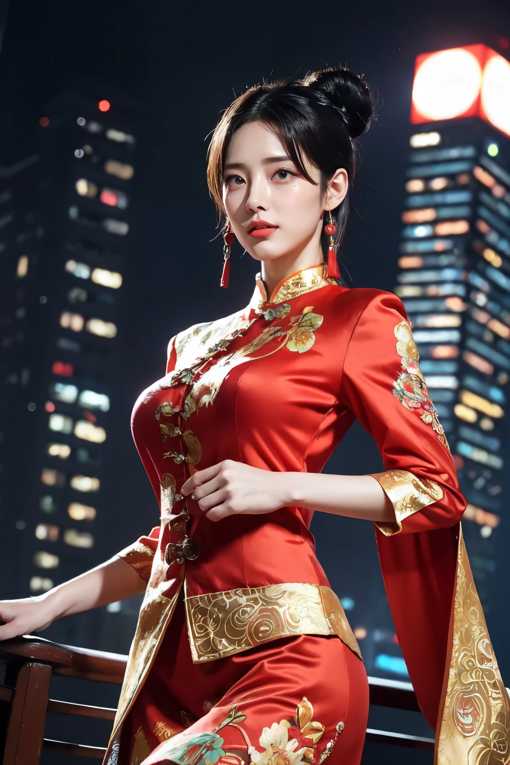 (best quality,ultra-detailed,realistic:1.37), digital illustration, ( woman wearing a chinese traditional costume), detailed eyes and face, beautiful detailed lips, red lips, sexy body, big breasts,long eyelashes, big breasts:1.5, (Close-up photo),  captain america wearing a chinese traditional costume, long hair, bun hairstyle, ((Take a photo from below the thigh)),vibrant colors, dramatic lighting, comic book style,  woman wearing a chinese costume, position:standing, seductive pose, skyscraper background, view dark sky, tall buildings